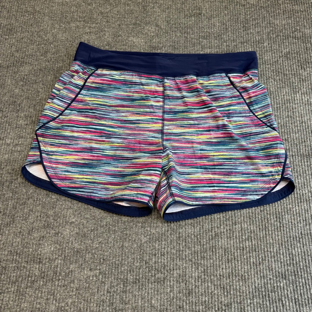 Lands' End Chlorine Resistant Swim Shorts Navy Stripe Elastic Waist Women's 18